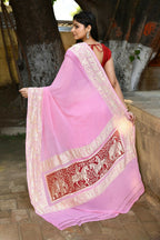 Joban Fashion Baby Pink Crepe Chiffon Pure Handloom Banarasi Silk Saree | Grocsy