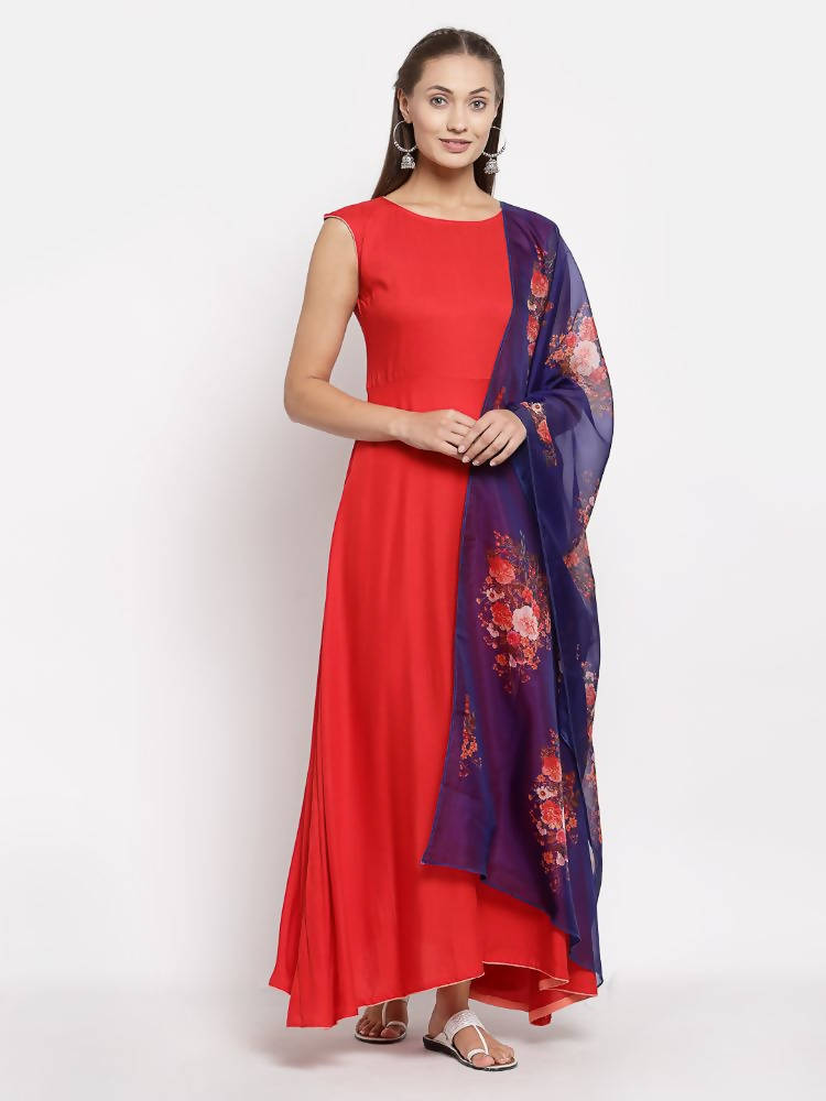 Myshka Women's Red Cotton Solid Sleeveless Round Neck Casual Kurta Dupatta Set | Grocsy