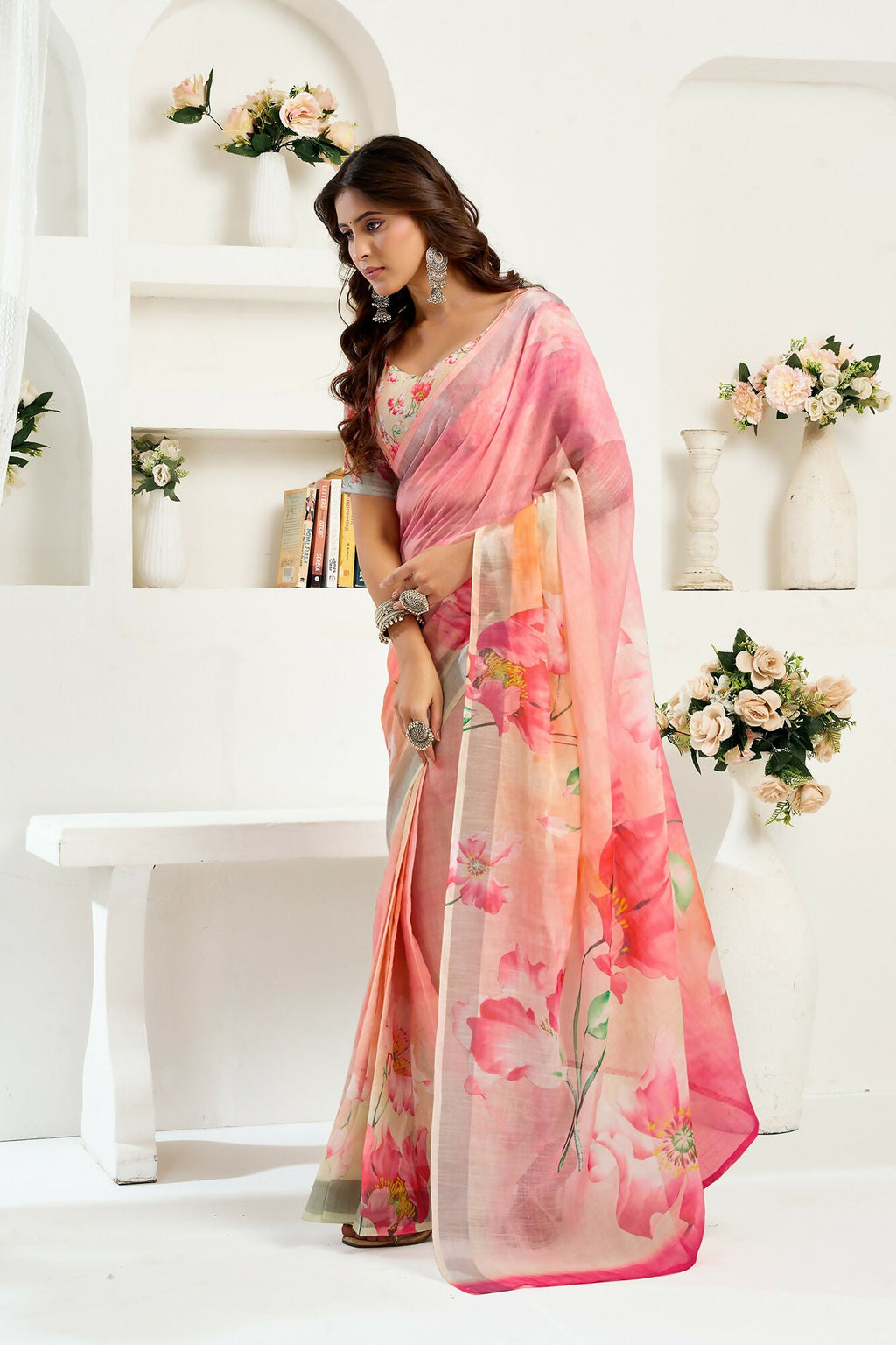 Vastranavya Peach Digital Printed Linen Ready To Wear Designer Saree with Unstitched Blouse | Grocsy
