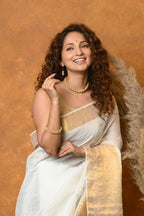 Very Much Indian Handloom Pure Cotton Linen Saree With Golden Border - White | Grocsy
