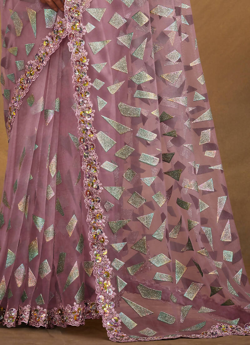 Light Purple Velvet Texture Net Designer Saree with Unstitched Blouse - Norita Mahitha | Grocsy
