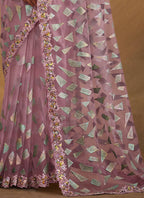 Light Purple Velvet Texture Net Designer Saree with Unstitched Blouse - Norita Mahitha | Grocsy