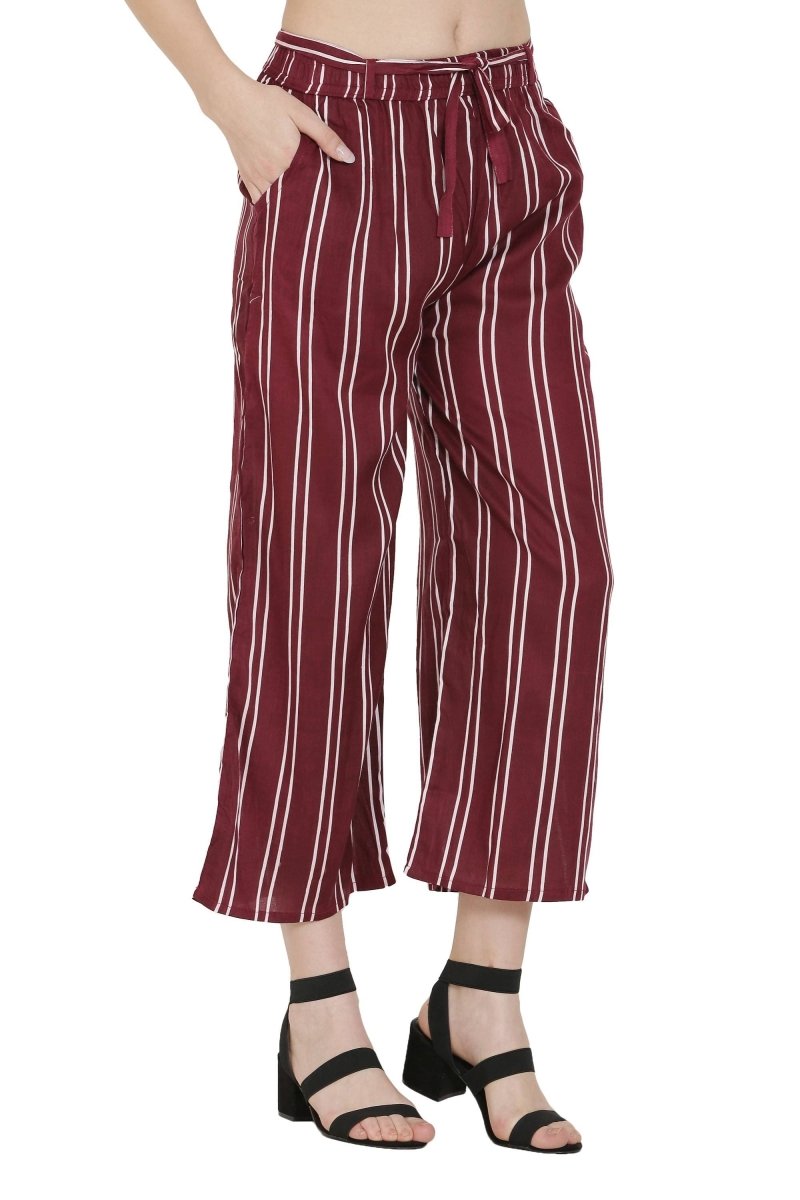 Asmaani Maroon Color Rayon Fabric Stripped Palazzo | Grocsy