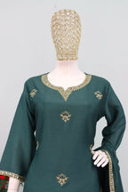Teeya Creation Teal Color Chinon Silk Heavy Embroidery Work Party Wear Palazzo Set | Grocsy