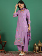 Sangria Embroidered V- Neck Kurta & Trousers With Dupatta | Grocsy