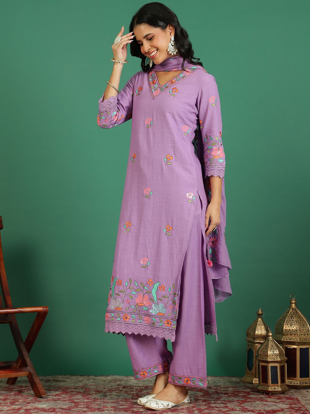 Sangria Embroidered V- Neck Kurta & Trousers With Dupatta | Grocsy
