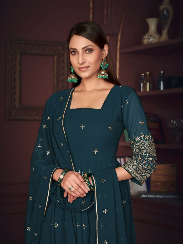 Jyoti Fashion Women's Rama Georgette Embroidered Anarkali Kurta Pant Set With Dupatta | Grocsy