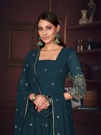 Jyoti Fashion Women's Rama Georgette Embroidered Anarkali Kurta Pant Set With Dupatta | Grocsy