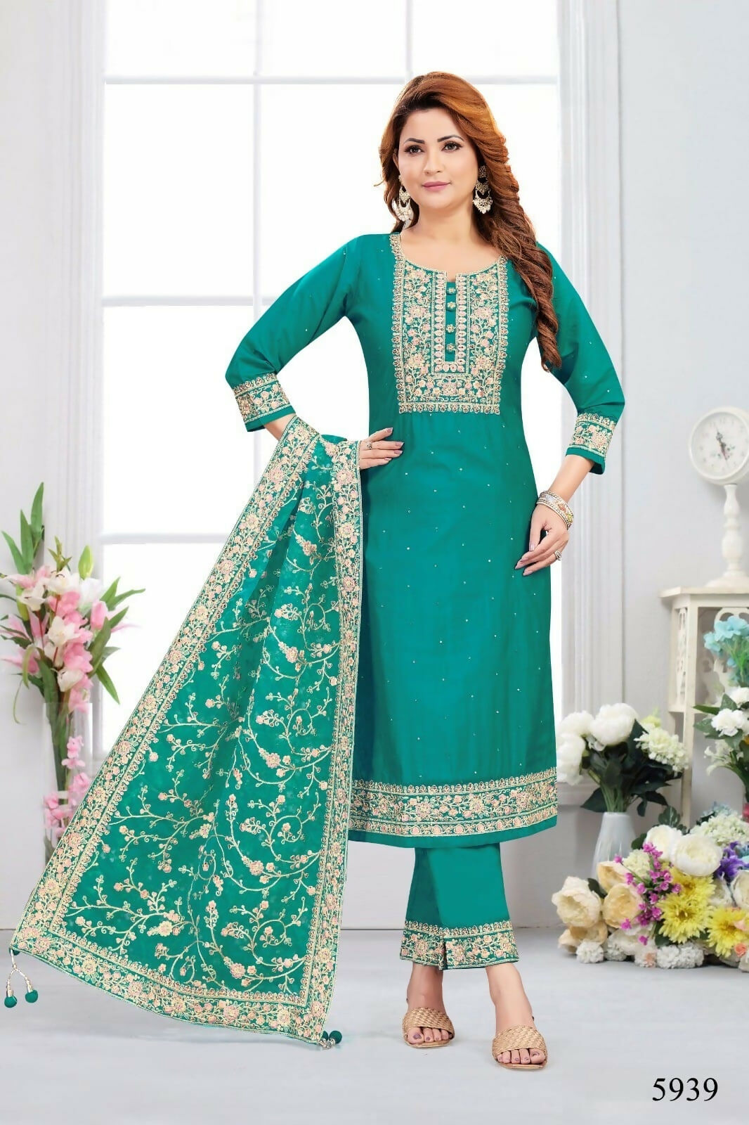 Joban Fashion Chinon Silk Rama Green Color Kurta Set | Grocsy