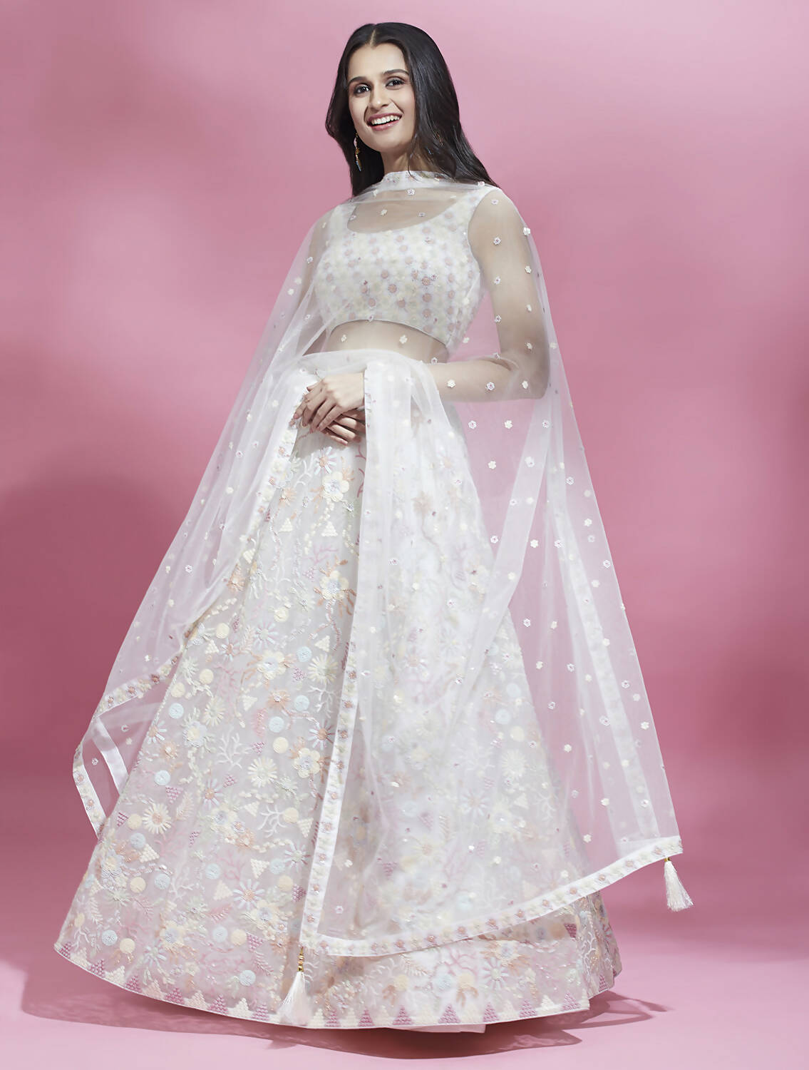 House of Panchhi Cream Net heavy Sequinse embroidery Lehenga choli & Dupatta | Grocsy