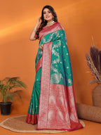Joban Fashion Banarasi Pine Green Woven Soft Silk Saree | Grocsy