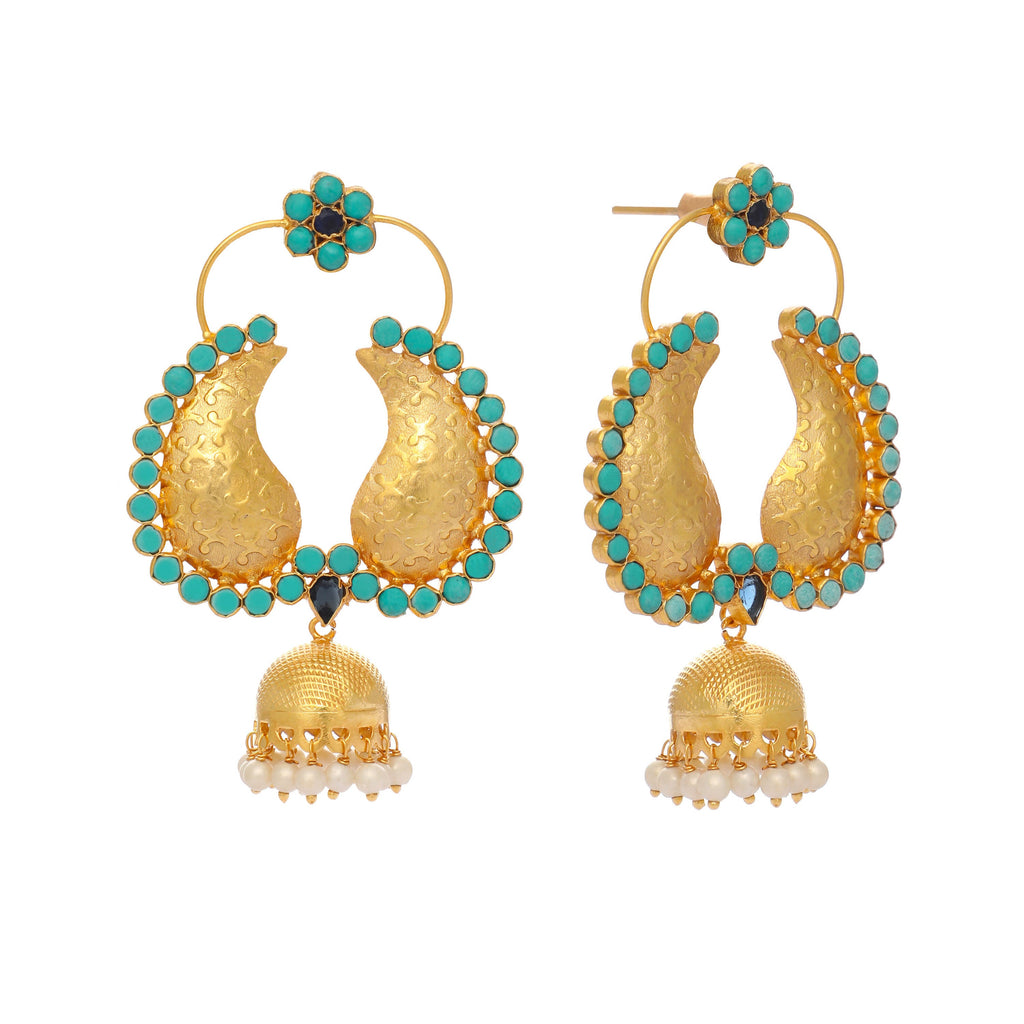 Nuyug 22K Gold Plated Turquoise Stone Studded Contemporary Mini Jhumki Dangler Earrings | Grocsy