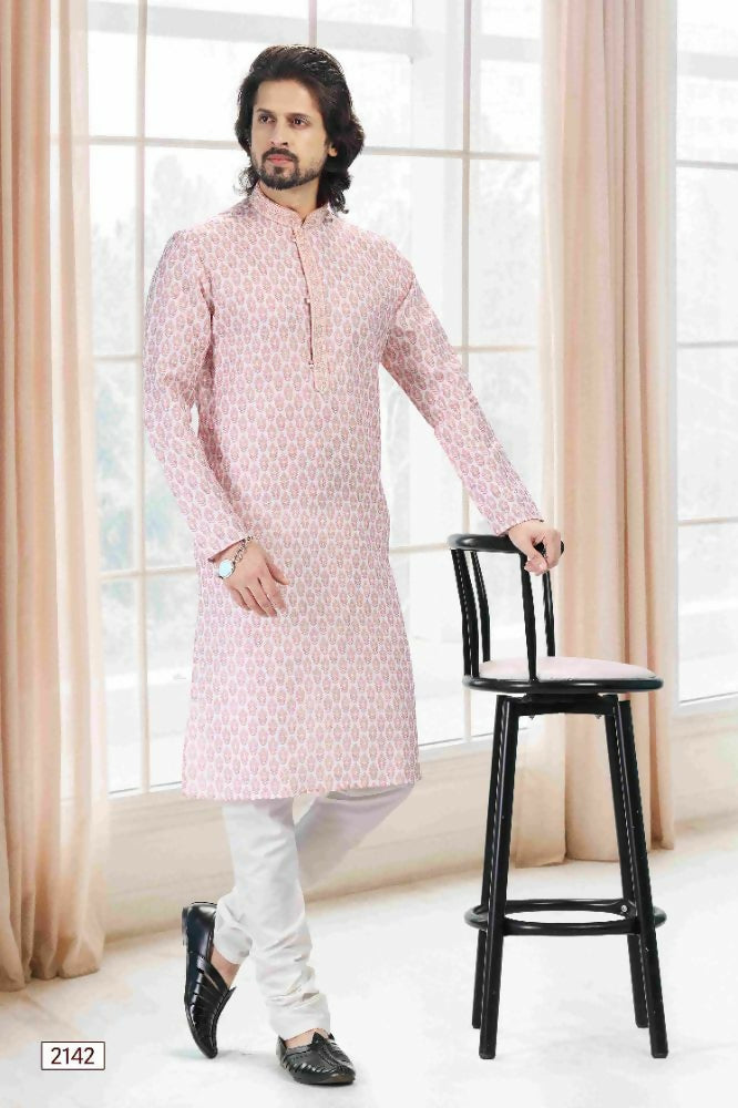Raivat Ethnic Cotton Thread Work Kurta Pajama In Baby Pink Colour | Grocsy