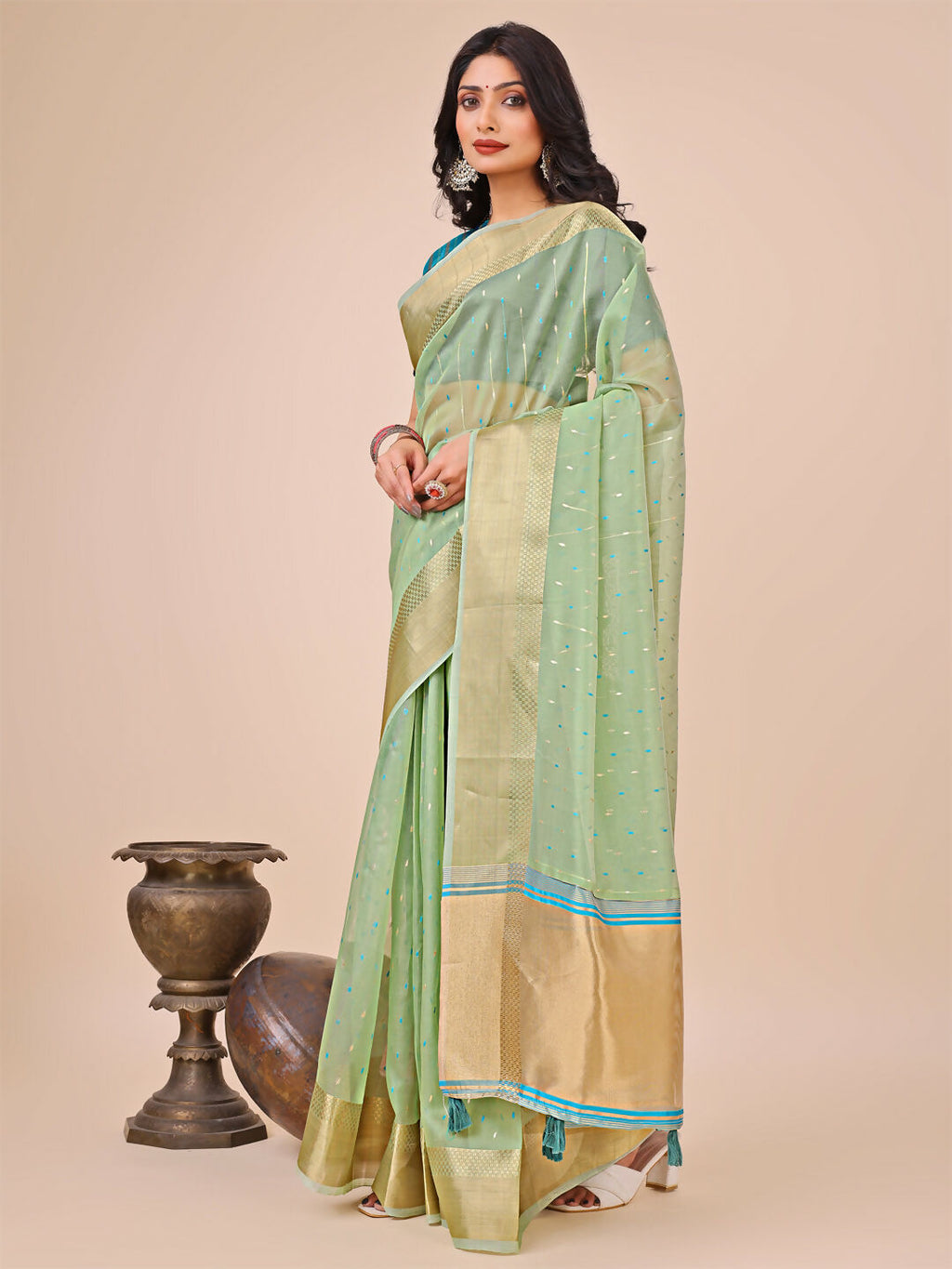 Shree Shyam Fashion Florance Green Organza Saree | Grocsy