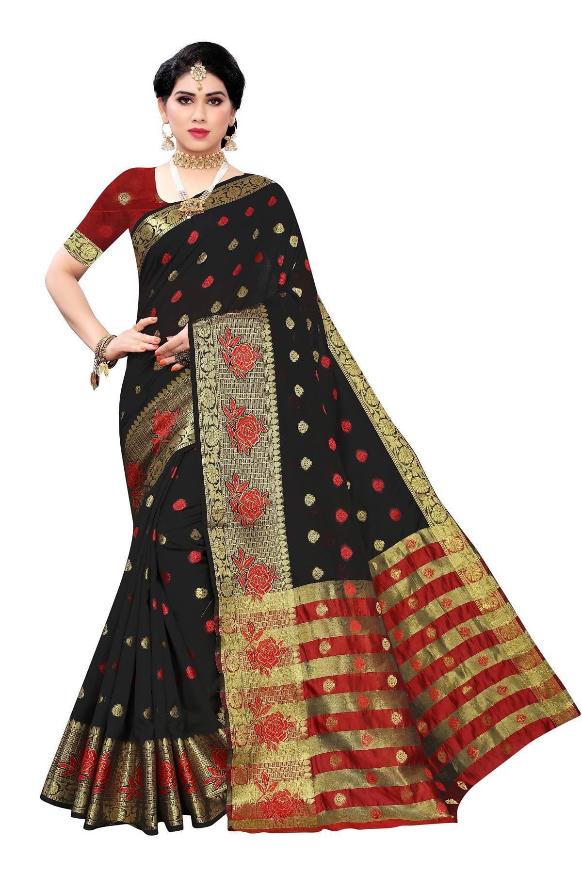 Vamika Banarasi Jaquard Black Weaving Saree | Grocsy