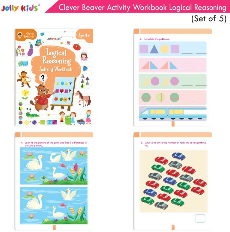 Jolly Kids Clever Beaver Ages 4-5 Years Fun Learning Activities Workbooks Set of 5 | English-Maths-EVS-Good Habit-Logical Reasoning | Grocsy