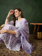 Lavender Crystal Organza schiffli embroidery Kurta With Trouser & Dupatta - Bhumi | Grocsy