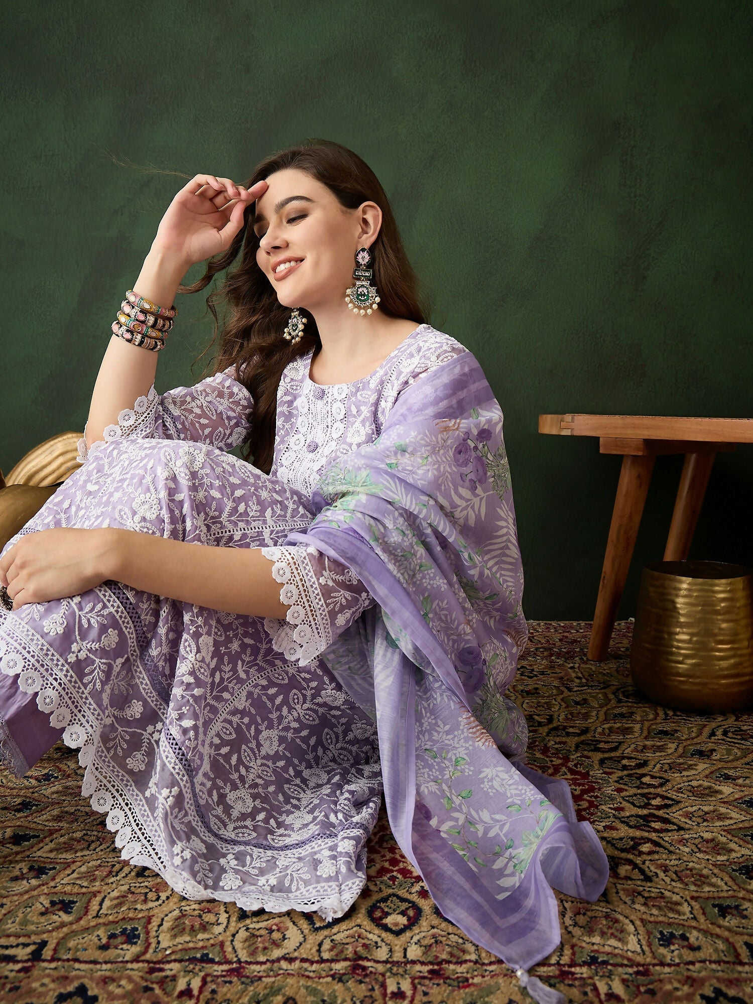Lavender Crystal Organza schiffli embroidery Kurta With Trouser & Dupatta - Bhumi | Grocsy