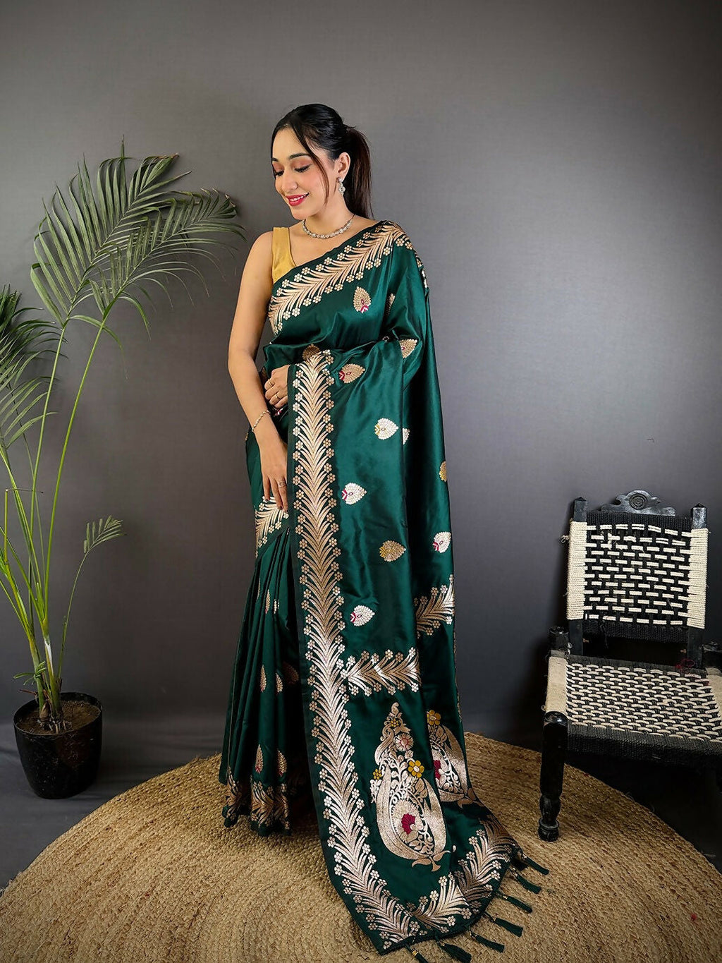Joban Fashion Banarasi Deep Teal Woven Soft Silk Saree | Grocsy