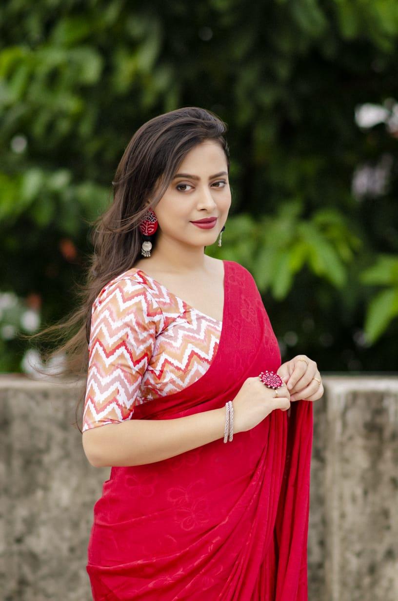 Red Silk Blend Ethnic Motifs Saree with Unstitched Blouse - A2M | Grocsy