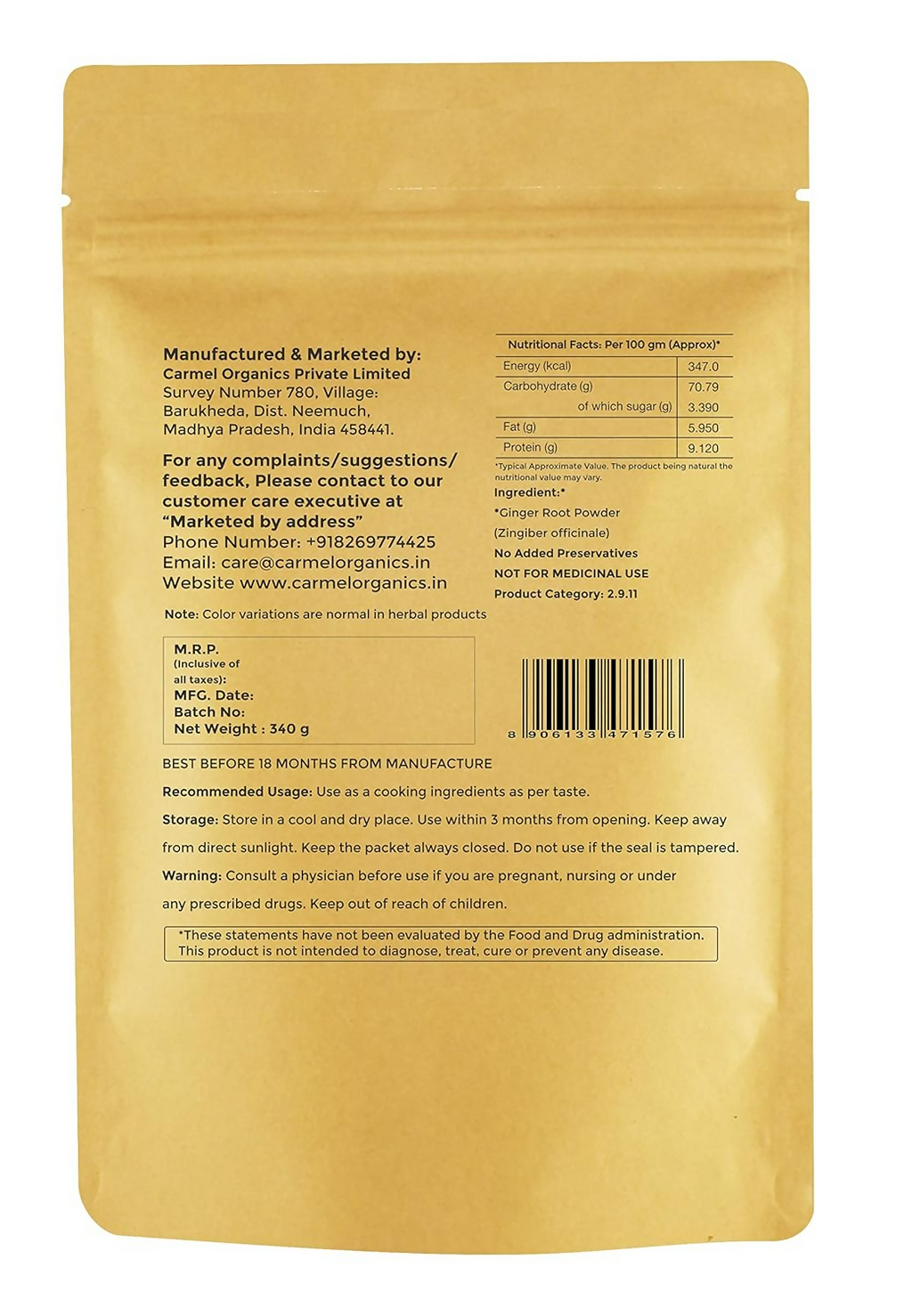 Carmel Organics Ginger Root Powder