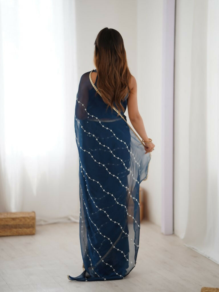 Petrol Sitara Chiffon Designer Beads Moti,Val Sequence Work Saree - Noorie | Grocsy