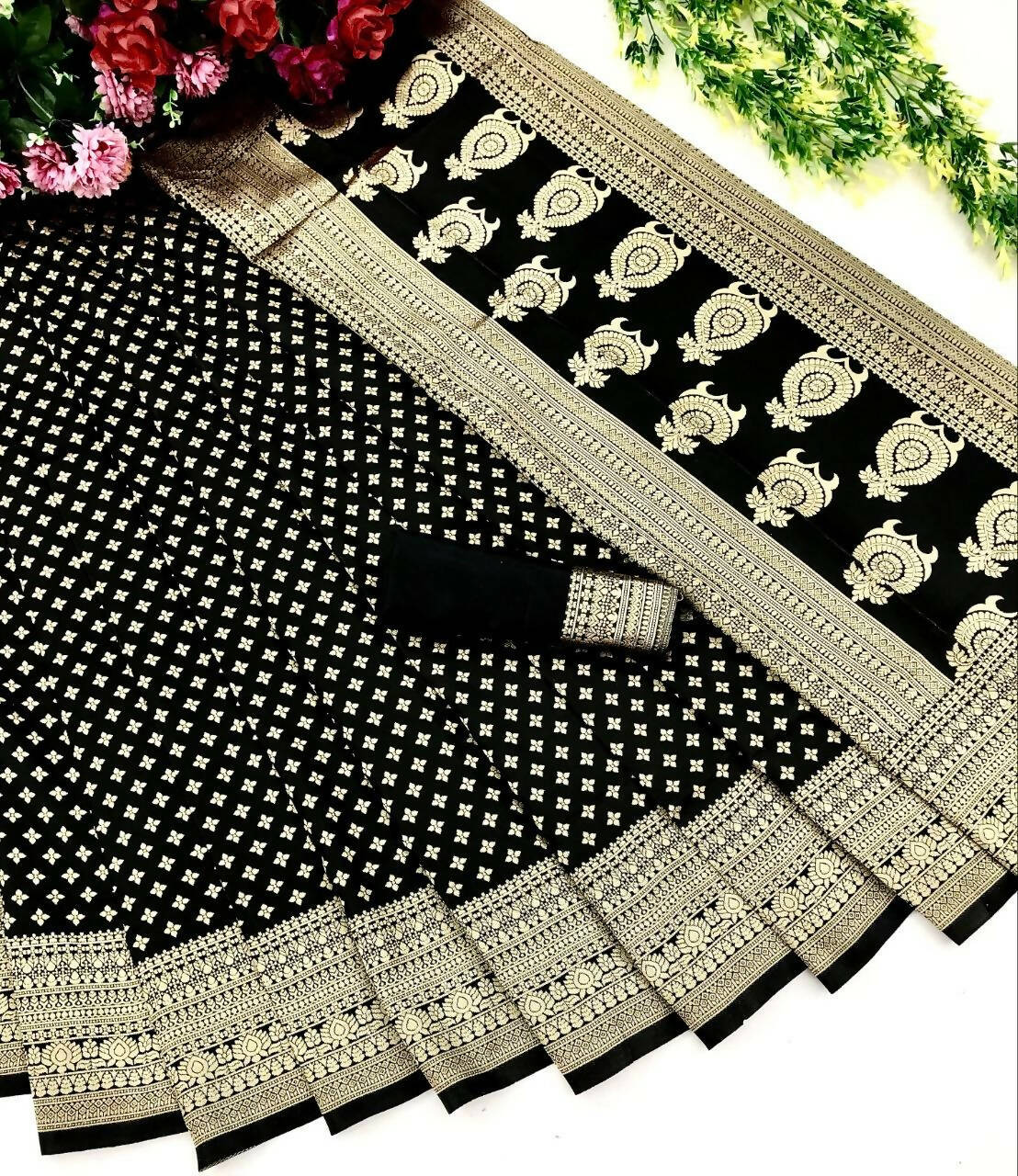DEIANA'S Beautiful Designer Golden zari Soft Lichi Silk Saree - Black | Grocsy