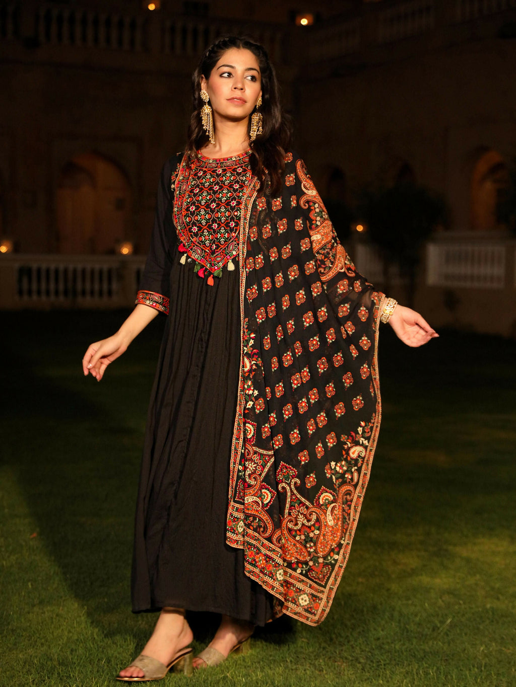 Juniper Women's Black Thread Embroidered Cotton Dress & Dupatta With Tassels & Mirror Work | Grocsy