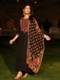 Juniper Women's Black Thread Embroidered Cotton Dress & Dupatta With Tassels & Mirror Work | Grocsy