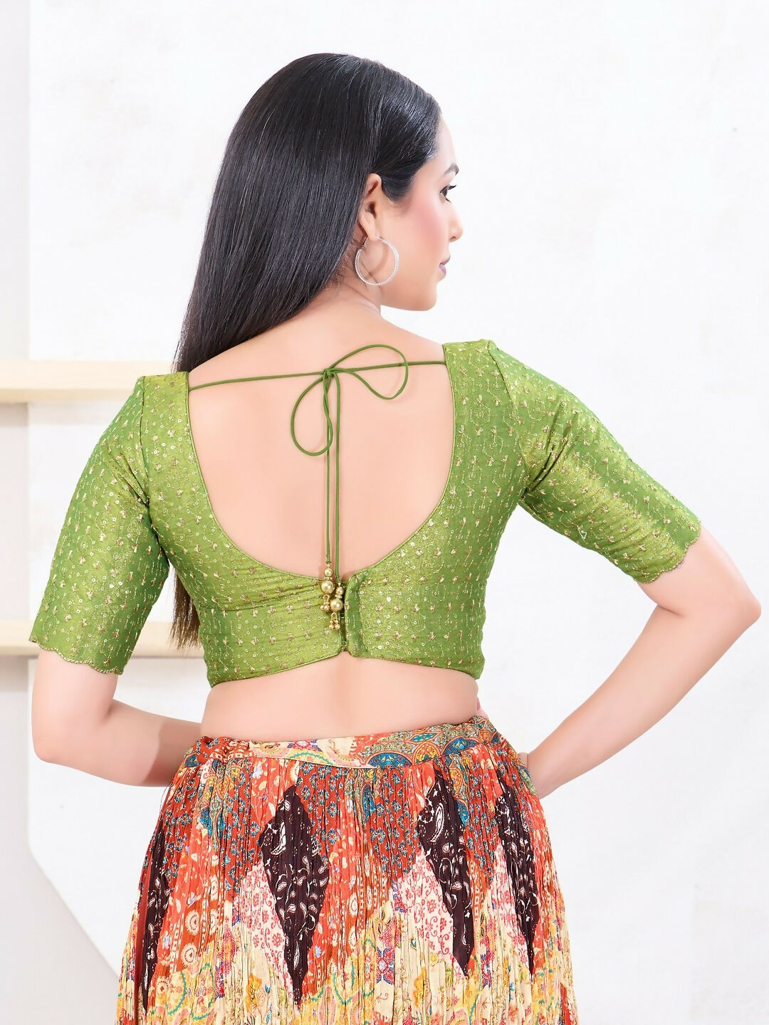 Joban Fashion Green Tissue Elbow Sleeveless Back Open Blouse | Grocsy