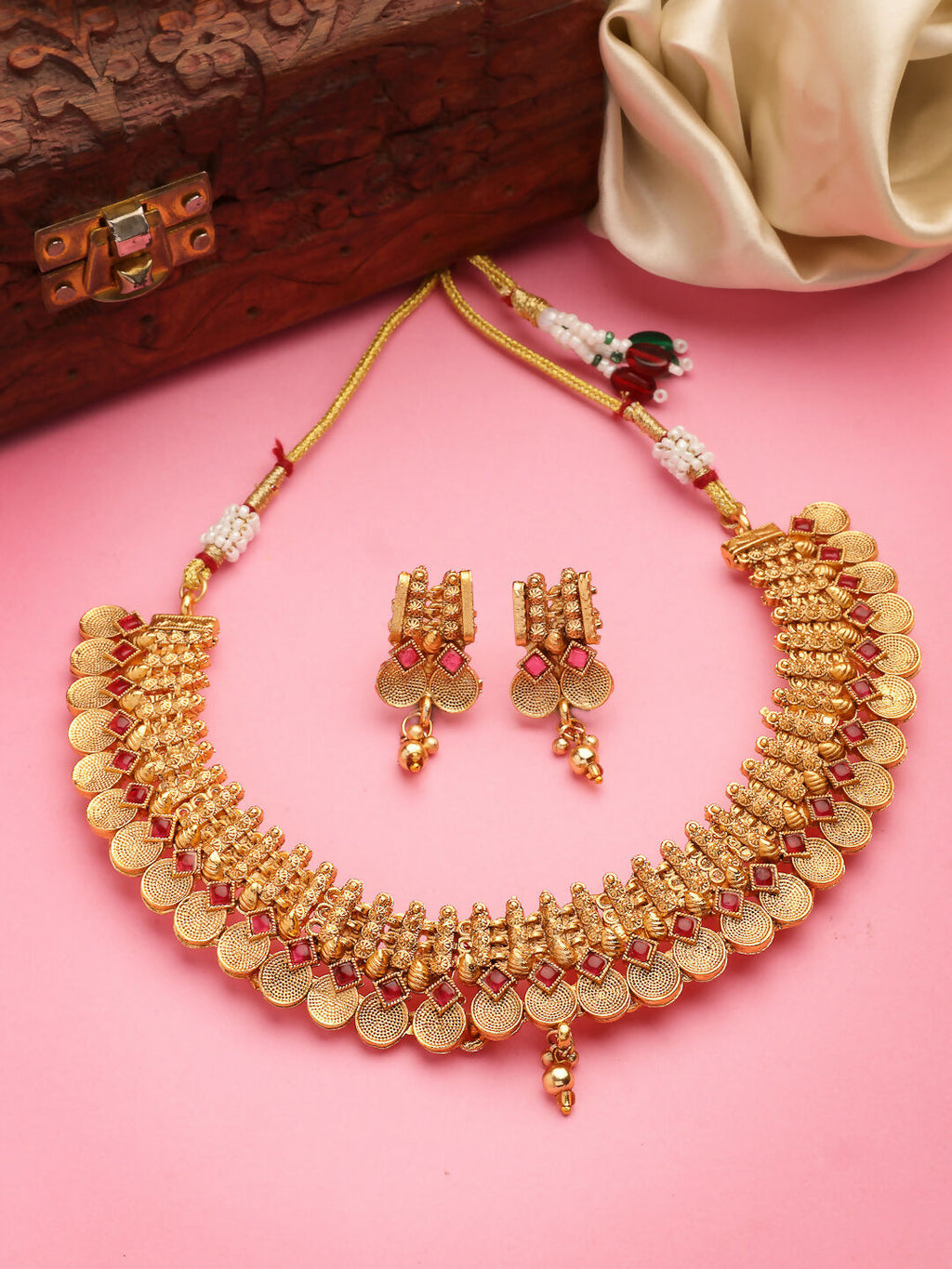 NVR Women Gold-Polished Pink Stone Studded Handcrafted Temple Jewellery Set | Grocsy