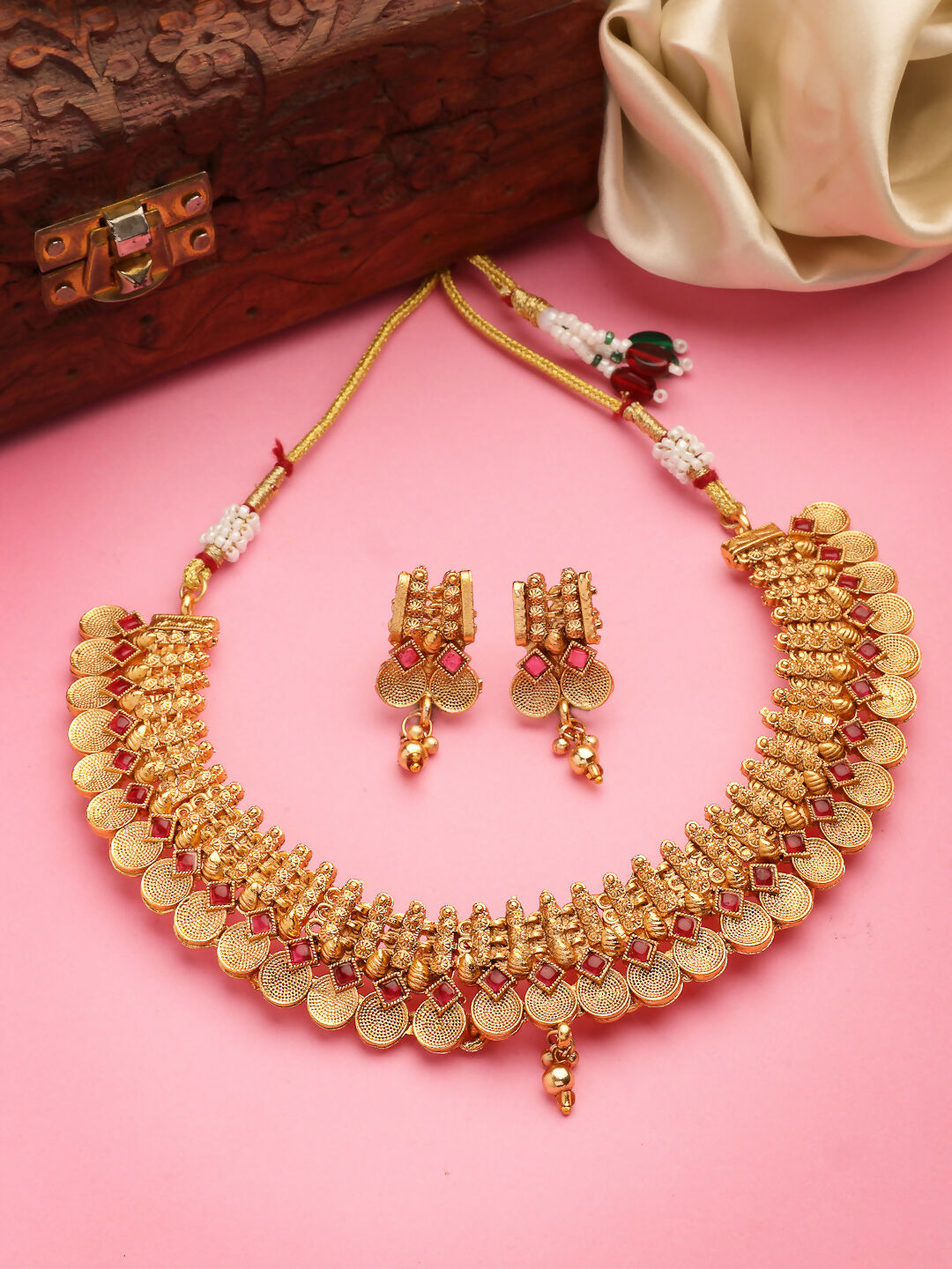 NVR Women Gold-Polished Pink Stone Studded Handcrafted Temple Jewellery Set | Grocsy