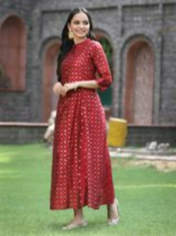 Juniper Women Maroon Chanderi Silk Solid Anarkali Kurta | Grocsy