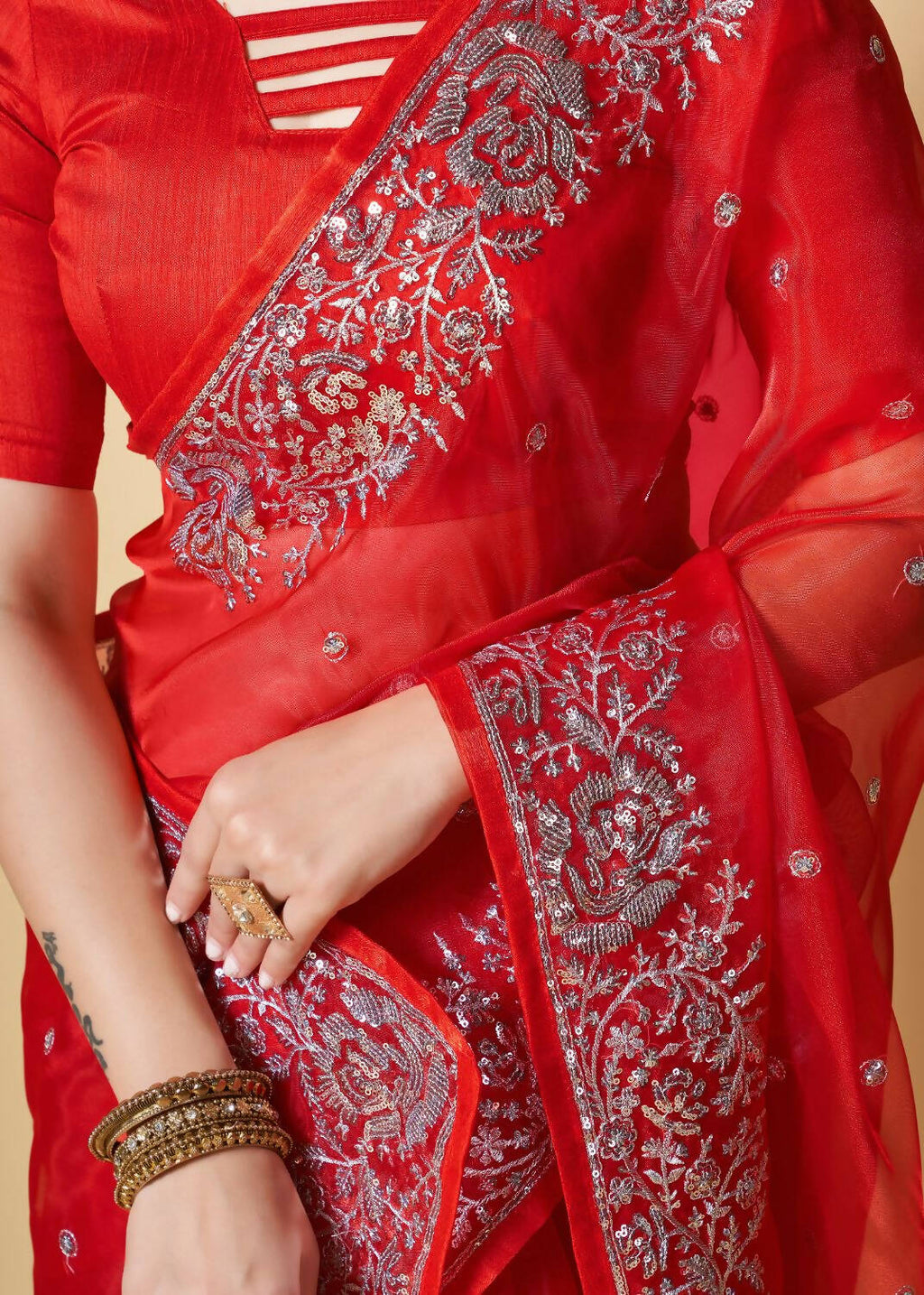 Vamsee Red Organza Saree | Grocsy