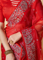 Vamsee Red Organza Saree | Grocsy
