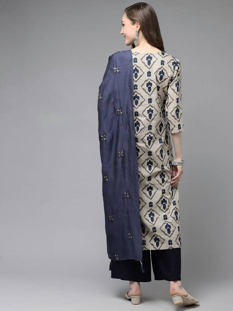 Yufta Women Beige & Navy Blue Printed Pure Cotton Kurta with Palazzo & Dupatta | Grocsy