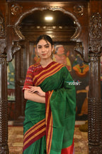 Very Much Indian Handloom Cotton Viscose Ilkal Saree Bright Green With Red Border | Grocsy