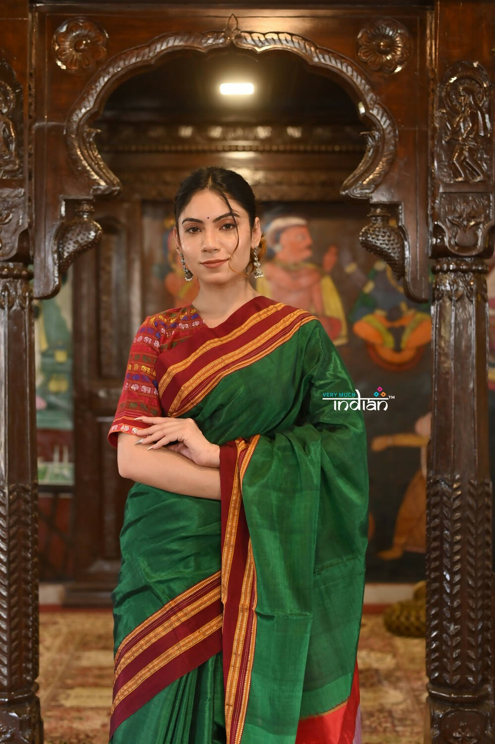 Very Much Indian Handloom Cotton Viscose Ilkal Saree Bright Green With Red Border | Grocsy