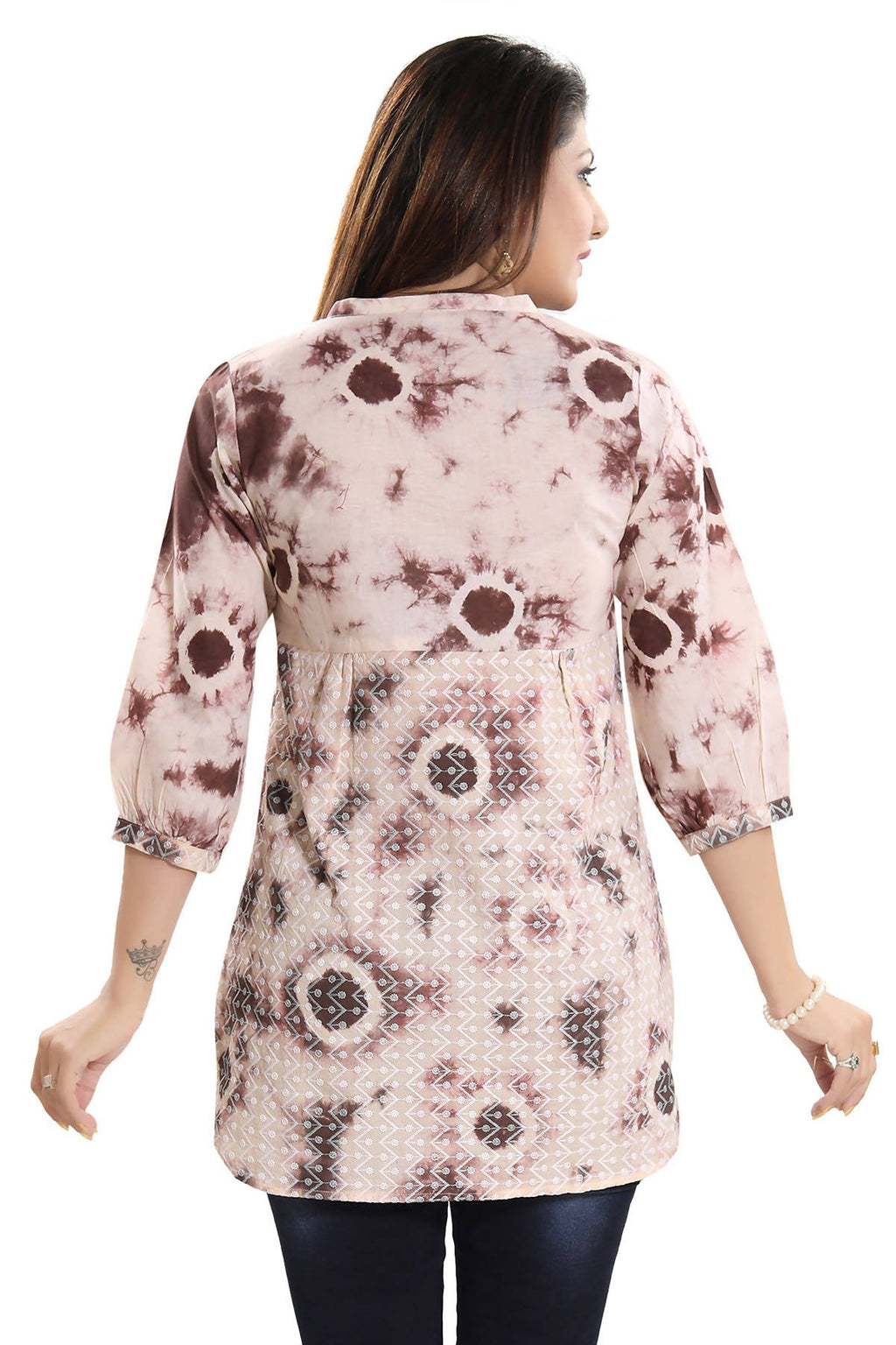 Snehal Creations Bold Beige Cotton Chikan Short Kurti Top With Batik Printing | Grocsy