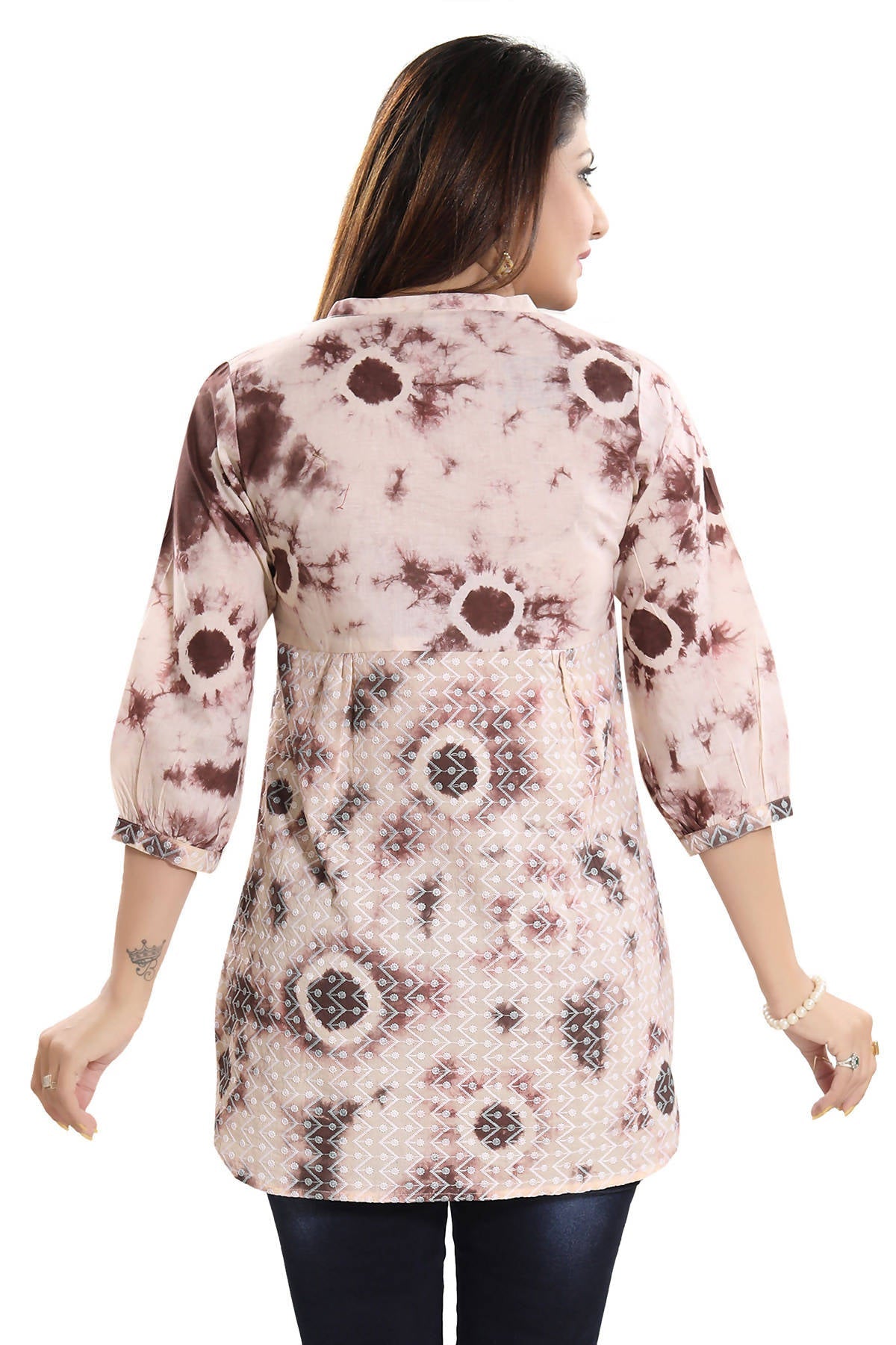 Snehal Creations Bold Beige Cotton Chikan Short Kurti Top With Batik Printing | Grocsy