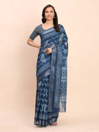 Shree Shyam Fashion Linen Cotton Indigo Blue Saree | Grocsy
