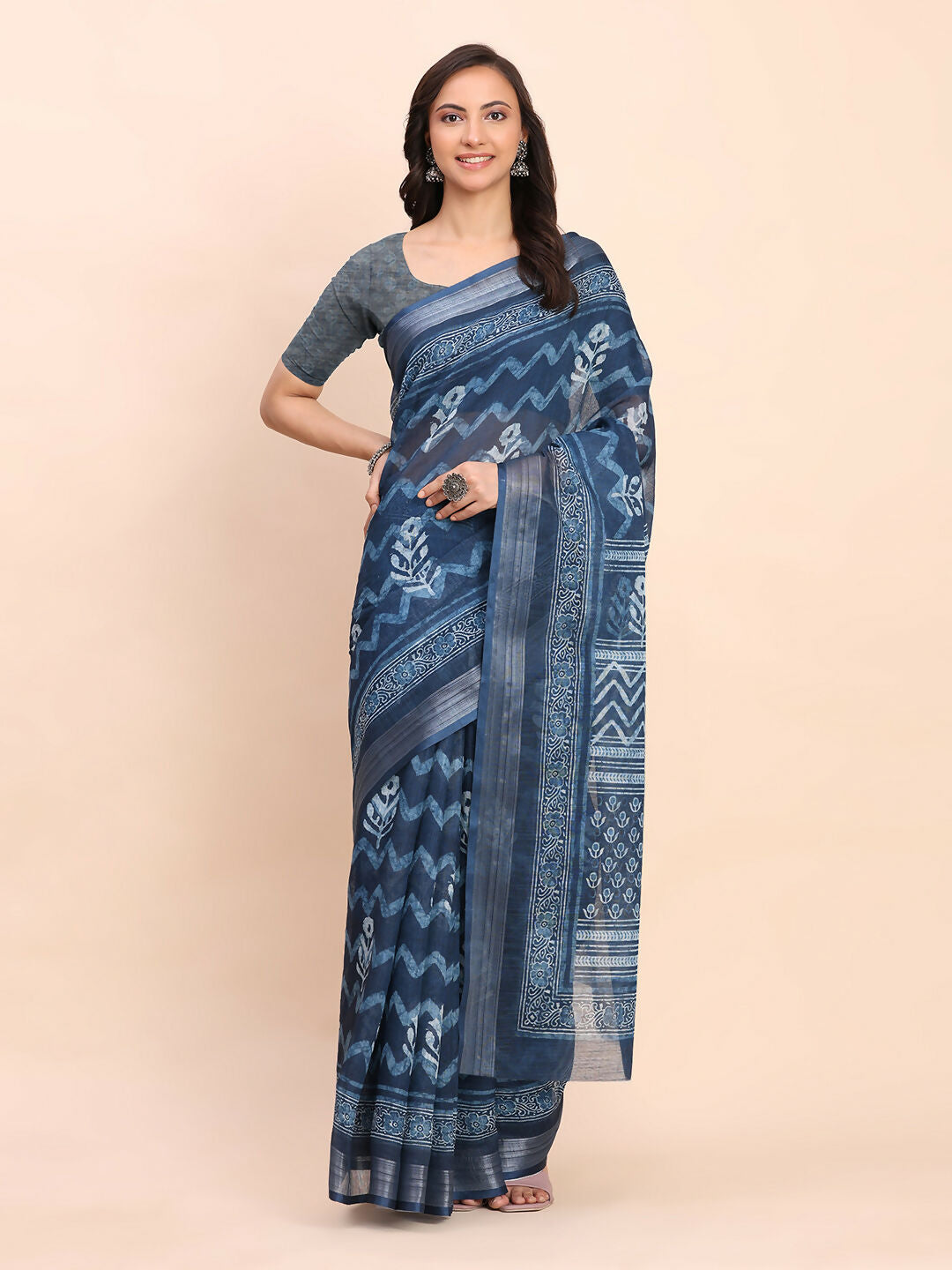 Shree Shyam Fashion Linen Cotton Indigo Blue Saree | Grocsy
