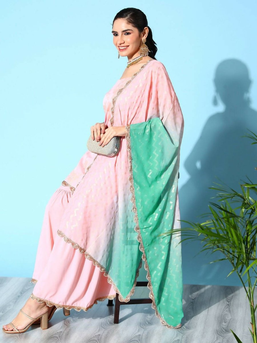 Ahalyaa Women's Baby Pink Crepe Gold Smoke Printed Kurta Sharara Set With Dupatta | Grocsy