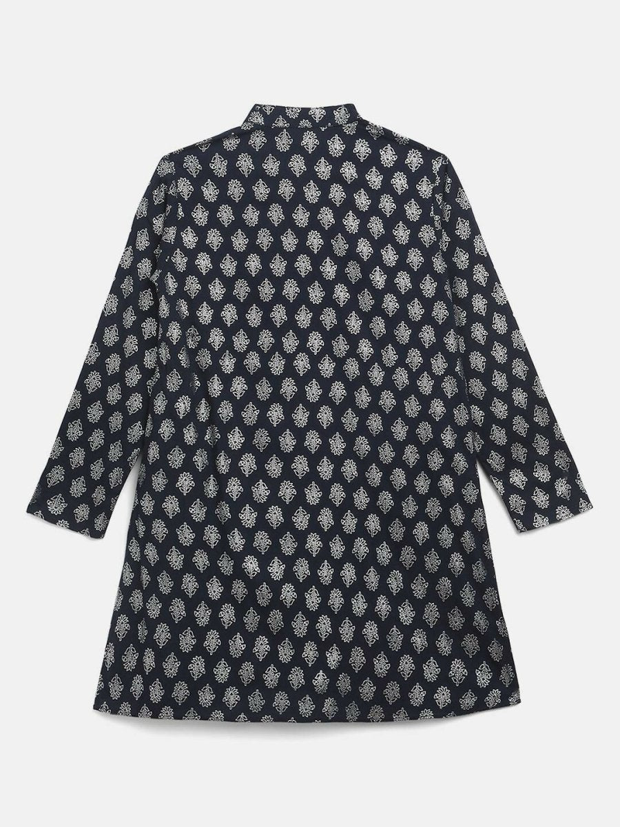Ahalyaa Navy Blue Poly Rayon Silver Foil Print Kids Kurta Churidar Set For Boys | Grocsy