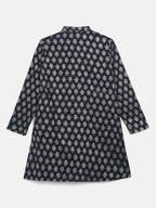Ahalyaa Navy Blue Poly Rayon Silver Foil Print Kids Kurta Churidar Set For Boys | Grocsy