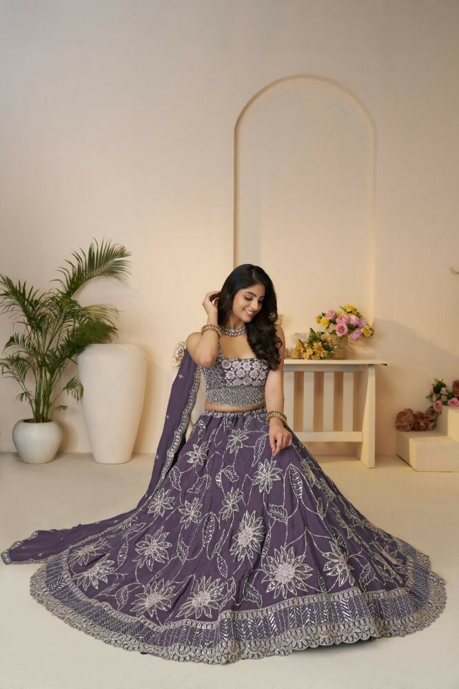 Kesar Fab Purple Silk Embroidered Lehenga | Grocsy