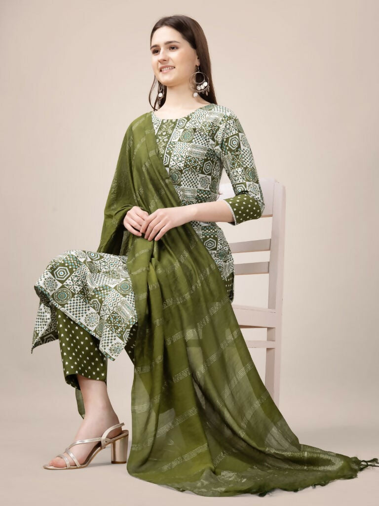 Jyoti Fashion Women's Mehendi Rayon Print with Embroidery & Fancy Lace Work Kurta with Trouser & Dupatta | Grocsy