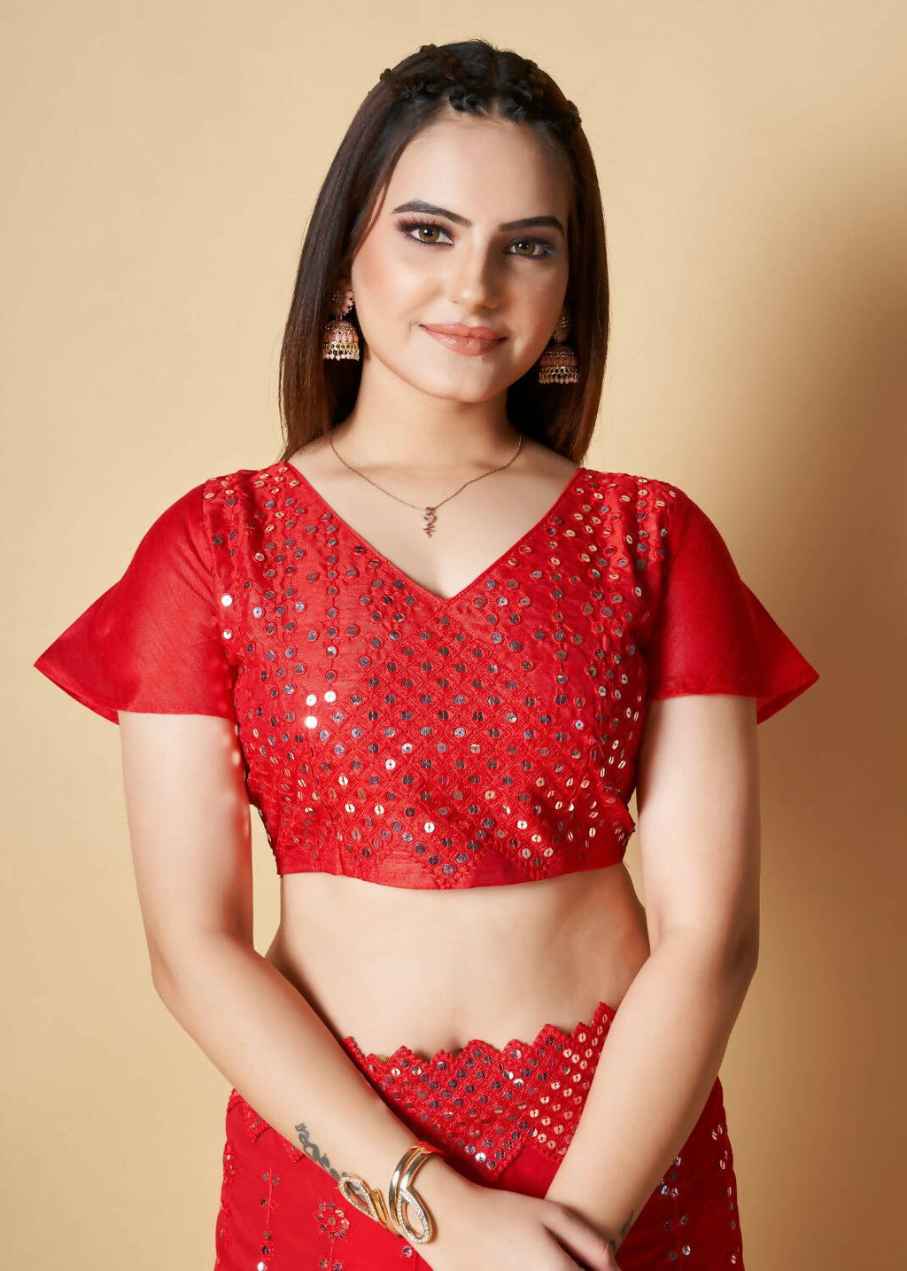 Vamsee Red Georgette Designer Saree | Grocsy