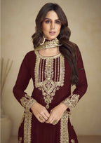 Vastranavya Gorgeous Maroon Faux Georgette with Embroidery 3mm Sequence & Coding Work Pakistani Straight Pant Suit | Grocsy