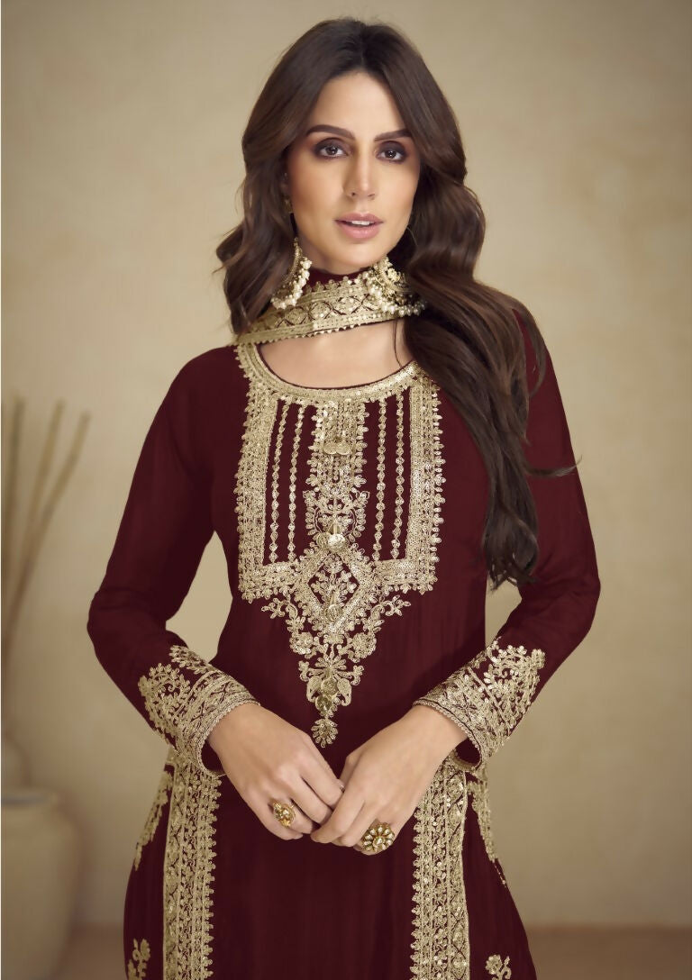 Vastranavya Gorgeous Maroon Faux Georgette with Embroidery 3mm Sequence & Coding Work Pakistani Straight Pant Suit | Grocsy